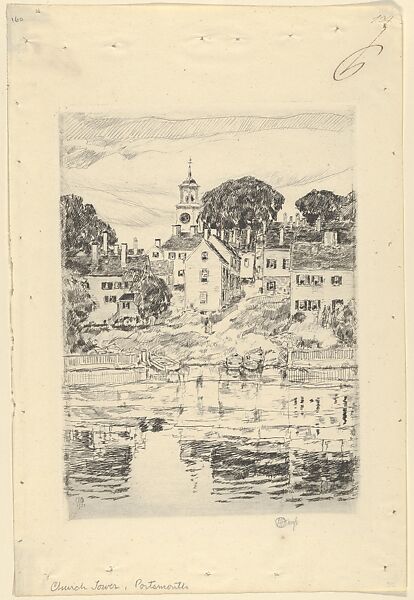 The Church Tower, Portsmouth, Childe Hassam (American, Dorchester, Massachusetts 1859–1935 East Hampton, New York), Etching with plate tone 