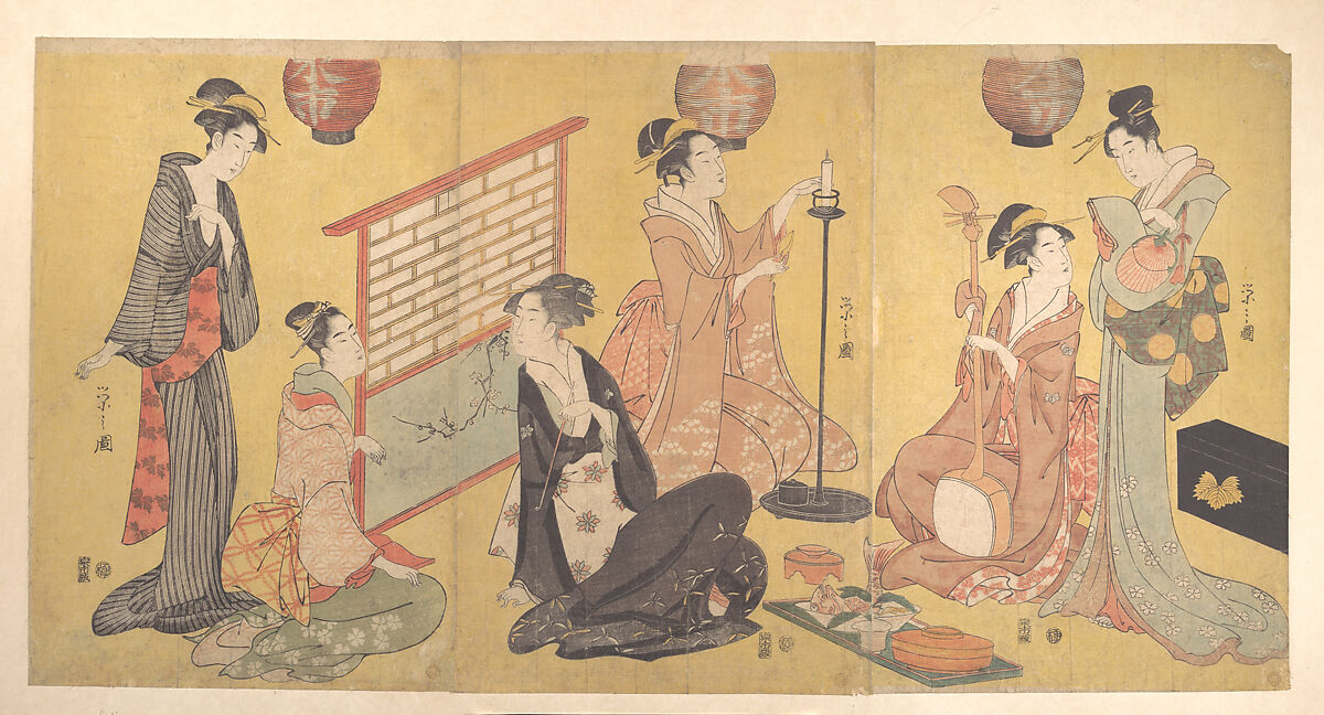 Geisha Preparing for an Entertainment, Chōbunsai Eishi (Japanese, 1756–1829), Triptych of woodblock prints; ink and color on paper, Japan 