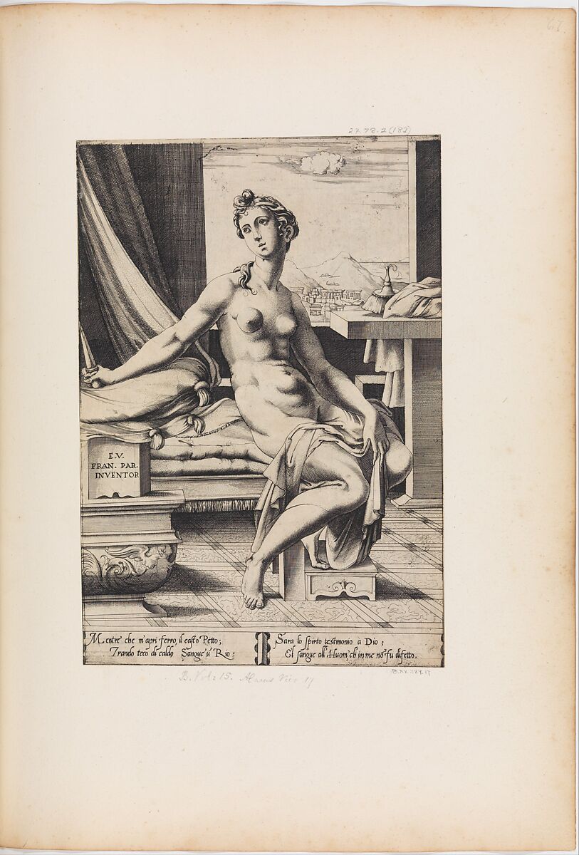 Lucretia Preparing to Kill Herself, Enea Vico (Italian, Parma 1523–1567 Ferrara), Engraving; first state before address of Salamanca 