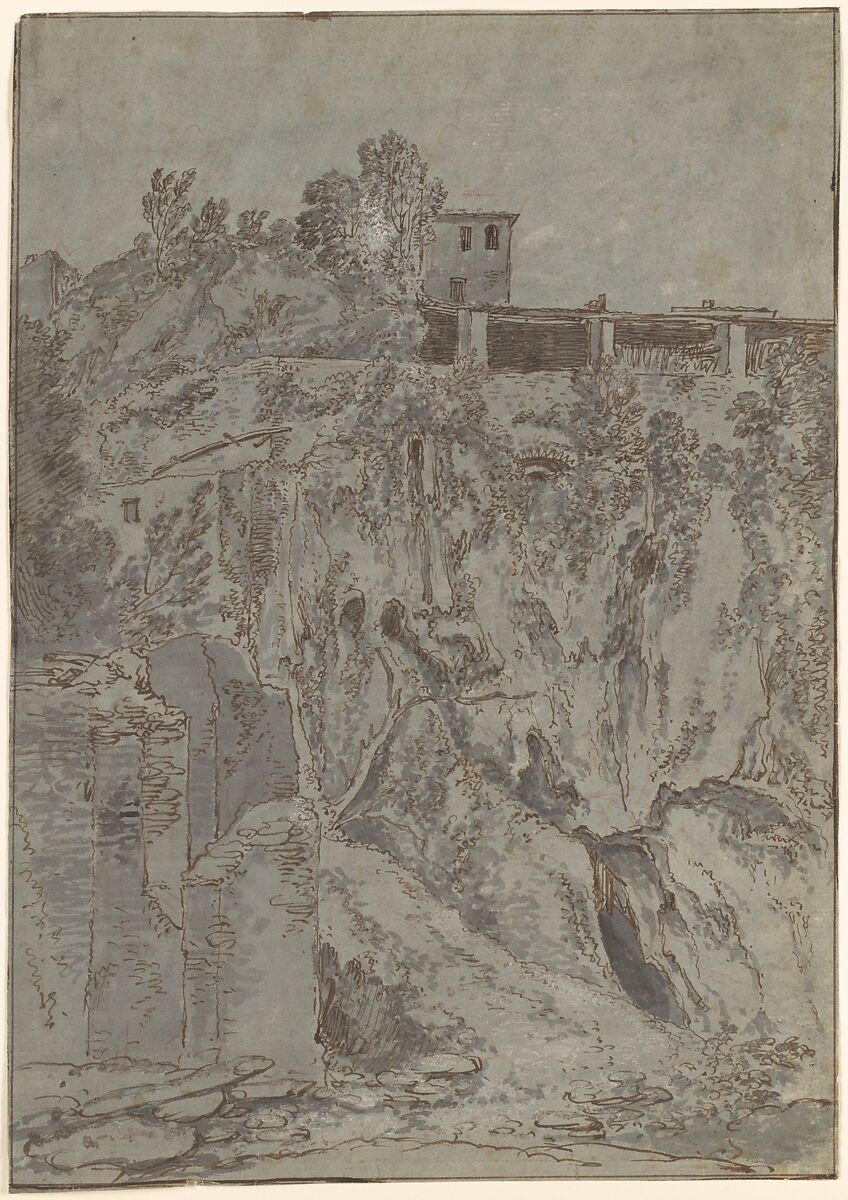 Italianate Buildings on a Hill at Tivoli, Adriaen Honich (Dutch, Dordrecht ca. 1644–after 1683 Dordrecht), Red chalk, pen and brown ink, gray wash, heightened with white