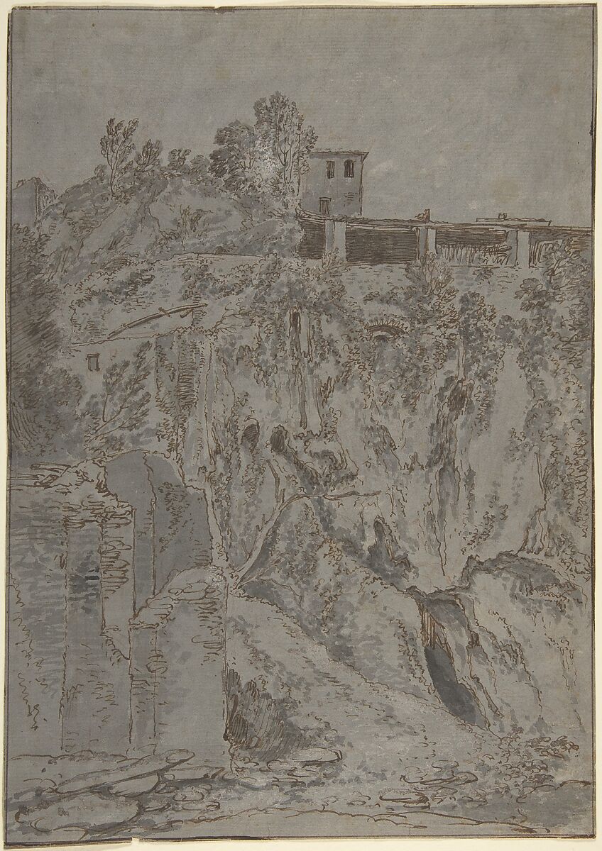 Italianate Buildings on a Hill at Tivoli, Adriaen Honich (Dutch, Dordrecht ca. 1644–after 1683 Dordrecht), Red chalk, pen and brown ink, gray wash, heightened with white 