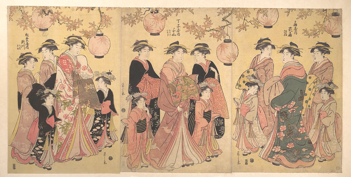 The Yoshiwara Parade in Autumn, Chōbunsai Eishi (Japanese, 1756–1829), Triptych of woodblock prints; ink and color on paper, Japan 