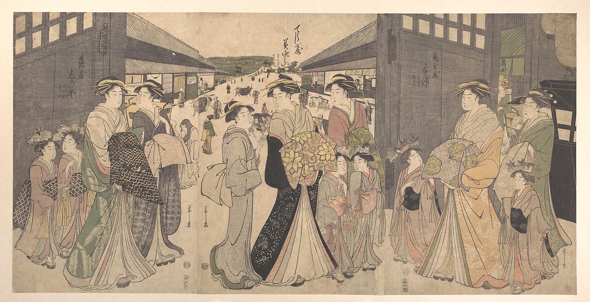 Oiran and Attendants at the Ō Mon or Great Gate of the Yoshiwara, Chōbunsai Eishi (Japanese, 1756–1829), Triptych of woodblock prints (trimmed); ink and color on paper, Japan 