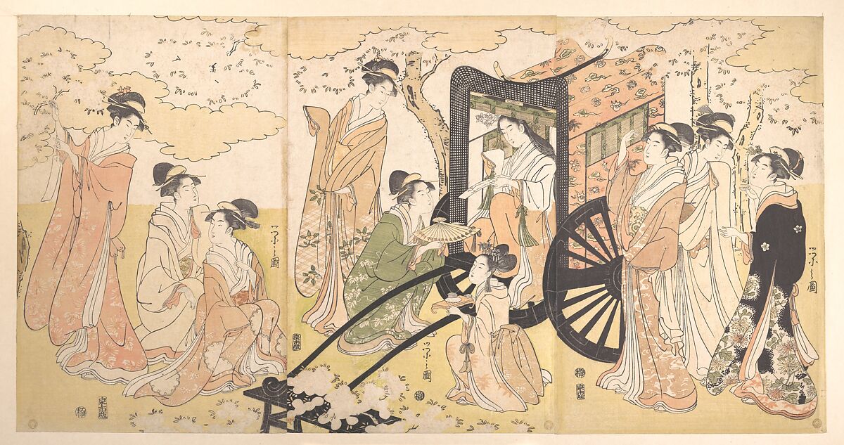 A Cherry-Viewing Excursion by a Noble Lady and Attendants, Chōbunsai Eishi (Japanese, 1756–1829), Triptych of woodblock prints; ink and color on paper, Japan 