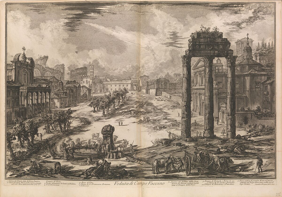 View of the Campo Vaccino (Roman Forum with the Temple of Castor and Pollux to right), from "Vedute di Roma" (Roman Views), part II, Giovanni Battista Piranesi (Italian, Mogliano Veneto 1720–1778 Rome), Etching; first state of four (Hind) 