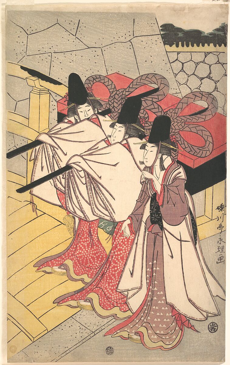 Prince Genji Returning to His Palace where His Wife Awaits Him, Rekisentei Eiri (Japanese, active ca. 1789–1801), Pentaptych of woodblock prints; ink and color on paper, Japan 