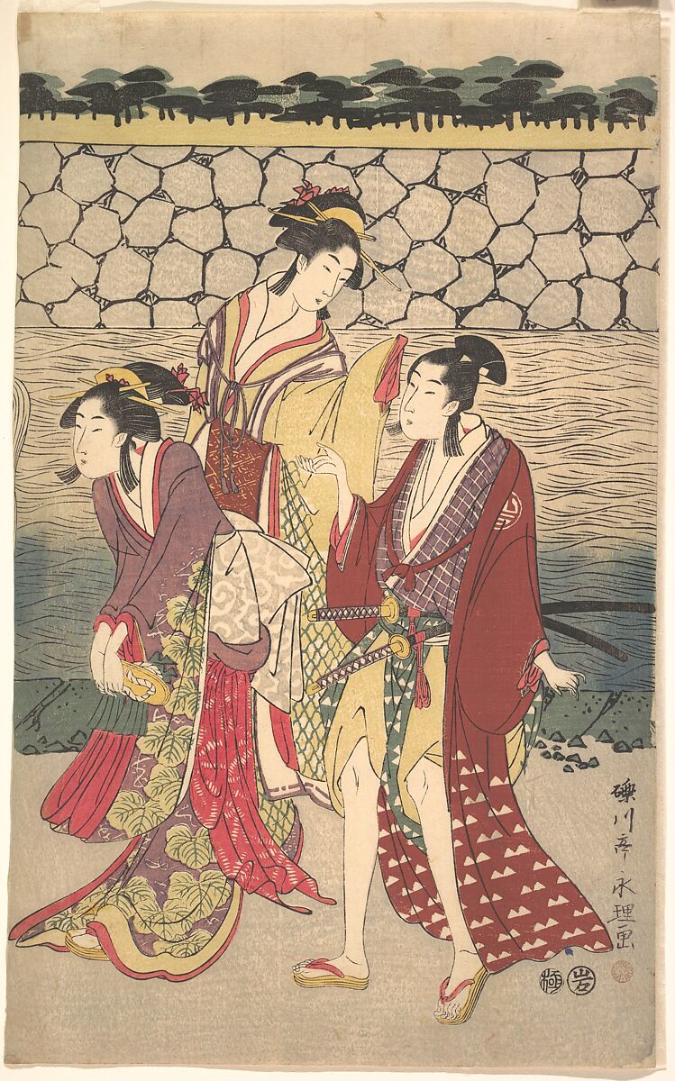 Prince Genji Returning to His Palace where His Wife Awaits Him, Rekisentei Eiri (Japanese, active ca. 1789–1801), Pentaptych of woodblock prints; ink and color on paper, Japan