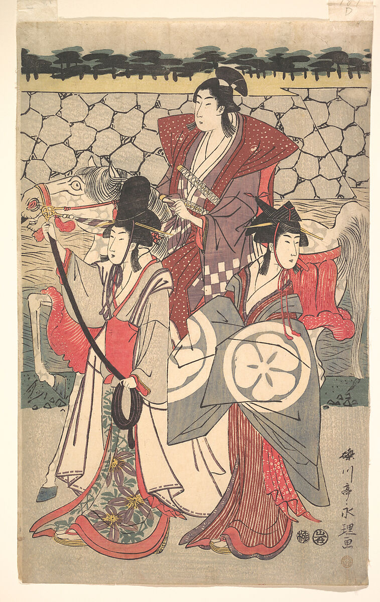 Prince Genji Returning to His Palace where His Wife Awaits Him, Rekisentei Eiri (Japanese, active ca. 1789–1801), Pentaptych of woodblock prints; ink and color on paper, Japan