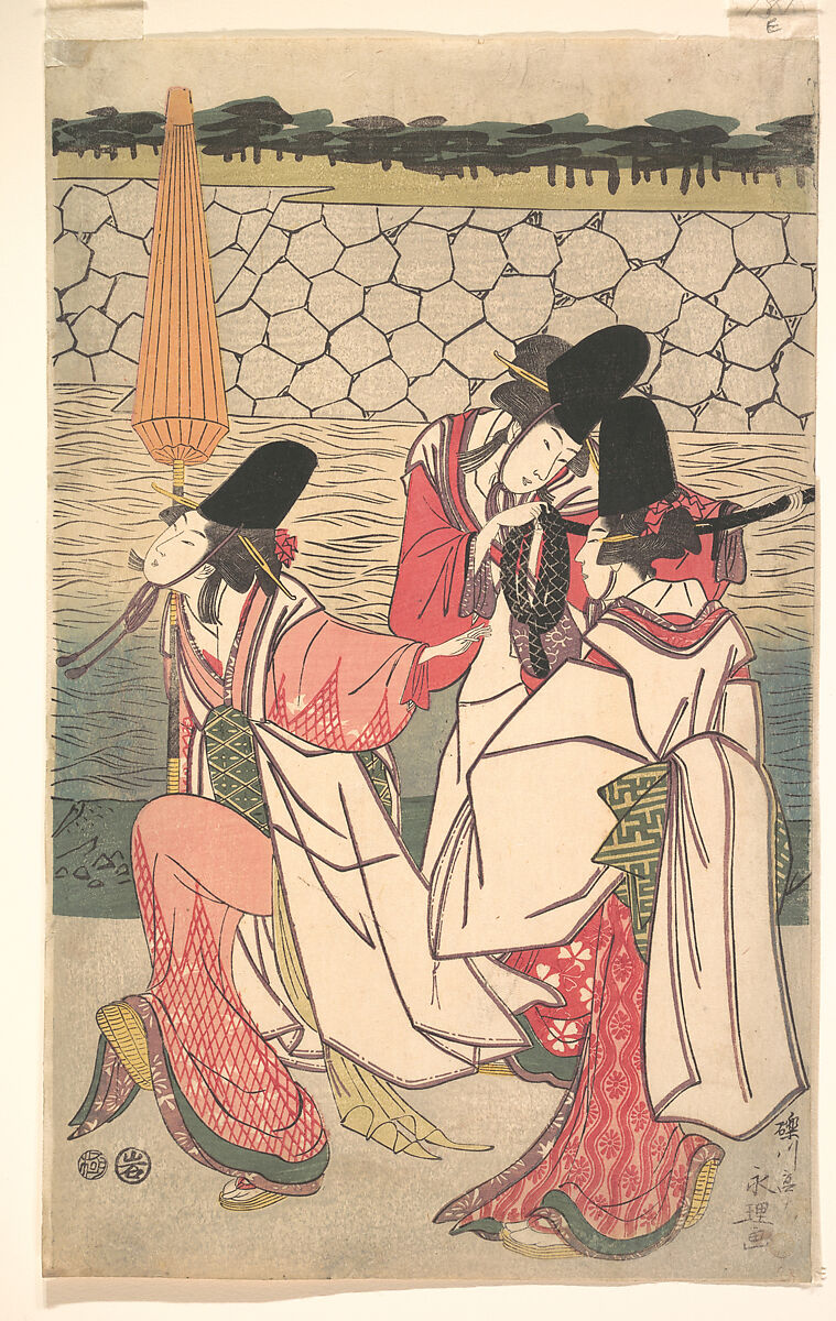 Prince Genji Returning to His Palace where His Wife Awaits Him, Rekisentei Eiri (Japanese, active ca. 1789–1801), Pentaptych of woodblock prints; ink and color on paper, Japan