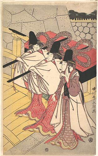 Prince Genji Returning to His Palace where His Wife Awaits Him
