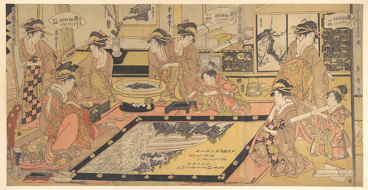 A Votive Picture to Be Donated to the Kannon of Asakusa (Asakusa Kannon hō kakegaku no zu), by Takigawa of the Ōgiya, Kamuro Menami and Onami, with Tomikawa, Kumegawa, Tamagawa, Tsugawa, Utagawa, and Kiyokawa, Kitagawa Kikumaro (Japanese, died 1830), Triptych of woodblock prints; ink and color on paper, Japan 