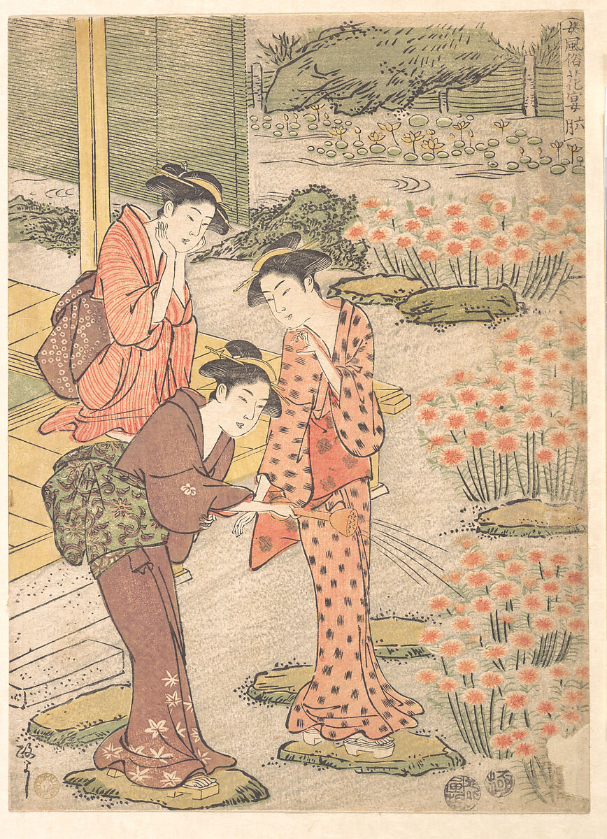 Three Young Women in a Garden where Nadeshiko Pinks are Growing, Kuwagata Keisai (Japanese, 1764–1824), Woodblock print; ink and color on paper, Japan 