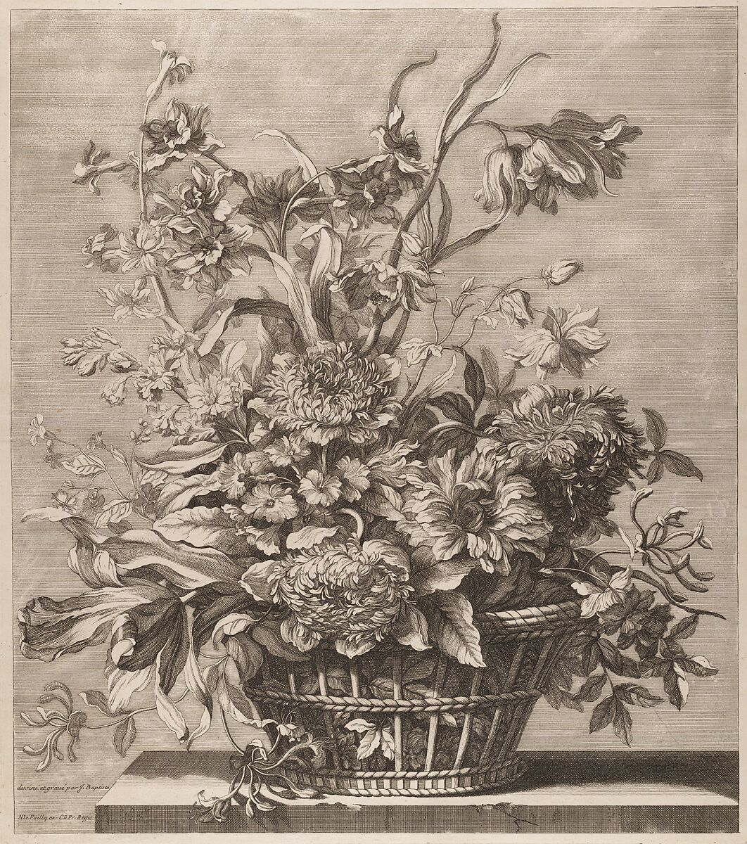 Basket of Flowers from the Book of Several Baskets of Flowers, Designed and Engraved by Baptiste Monnoyer (Livre de Plusieurs Corbeilles de Fleurs dessiné et gravé par Baptiste Monnoyer), Jean-Baptiste Monnoyer (French, Lille 1636–1699 London), Etching and engraving 