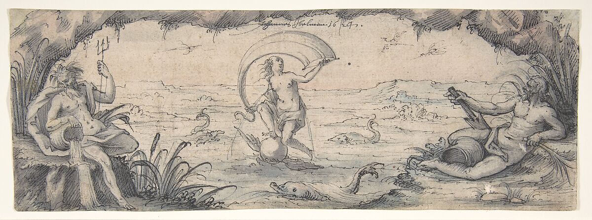 An Allegory of Fortune with Two River Gods, Hans Jakob Ebelmann (German, Speyer ca. 1570–ca. 1625 Speyer), Pen and black ink and gray and blue wash over black chalk 