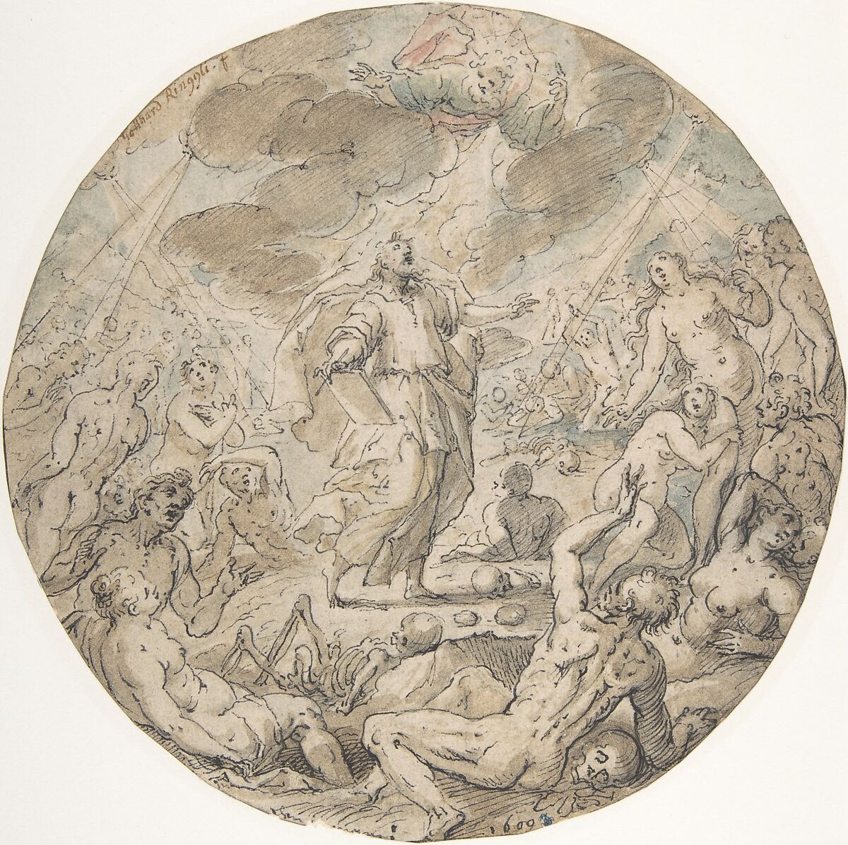 Ezekiel in the Valley of the Dry Bones, Georg Pecham (German, Munich ca. 1568–1604 Munich), Pen and black ink, and brown, blue and pink wash 