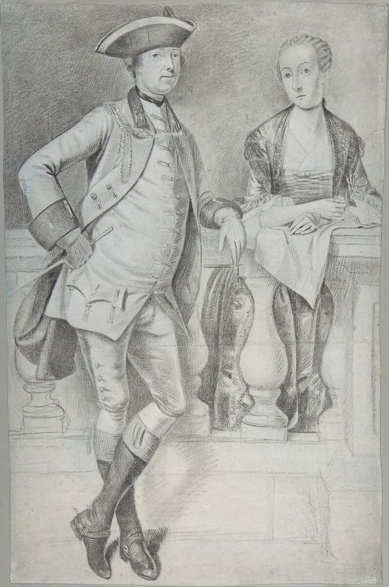 Study for a Portrait of an Officer and His Wife, Arthur Devis (British, Preston 1712–1787 Brighton), Black and white chalk and black ink on blue laid paper 