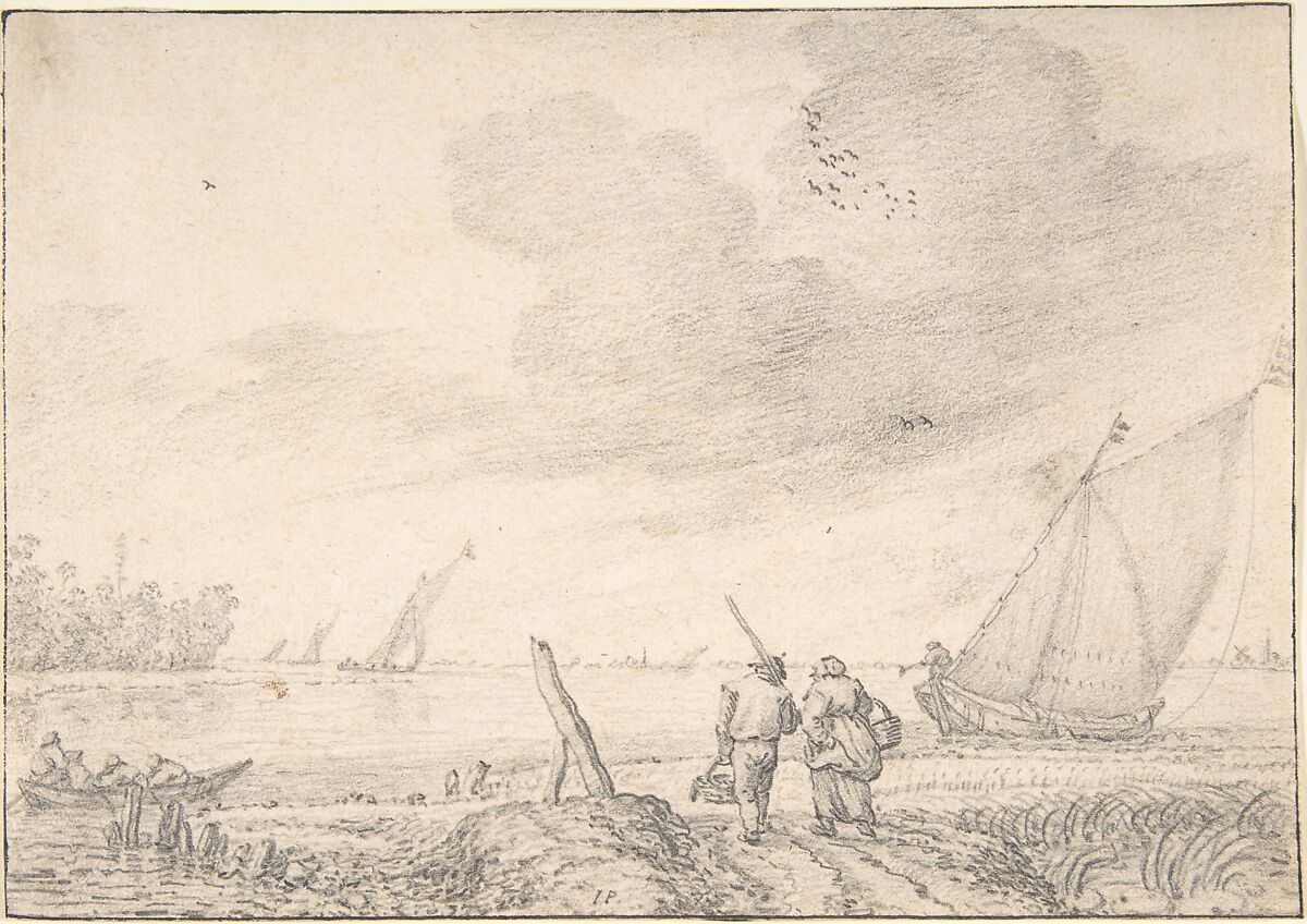 River Landscape, Jan Porcellis (Dutch, Gent 1584–1632 Zoeterwoude), Black chalk 