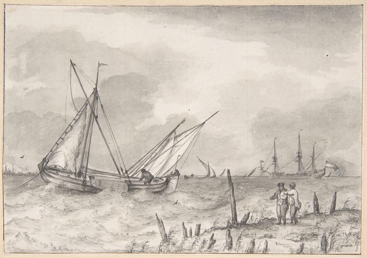 Choppy Sea with Boats near the Coast, Pieter van Everdingen (Dutch, ca. 1653–1739), Pen and gray ink and wash 
