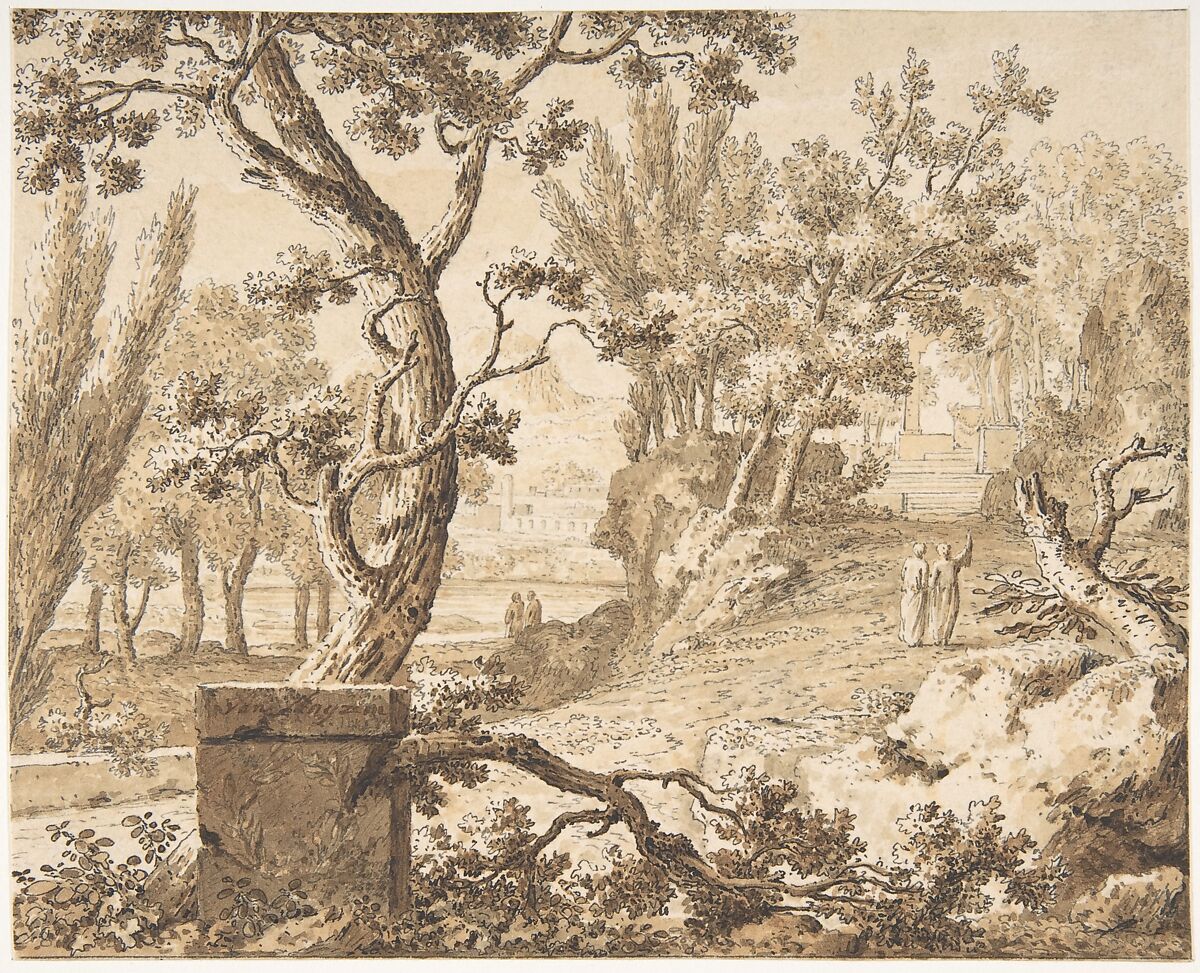 Arcadian Landscape with Figures, Johannes de Bosch (Dutch, Amsterdam 1713–1785 Amsterdam), Pen and black and gray ink, brown wash 