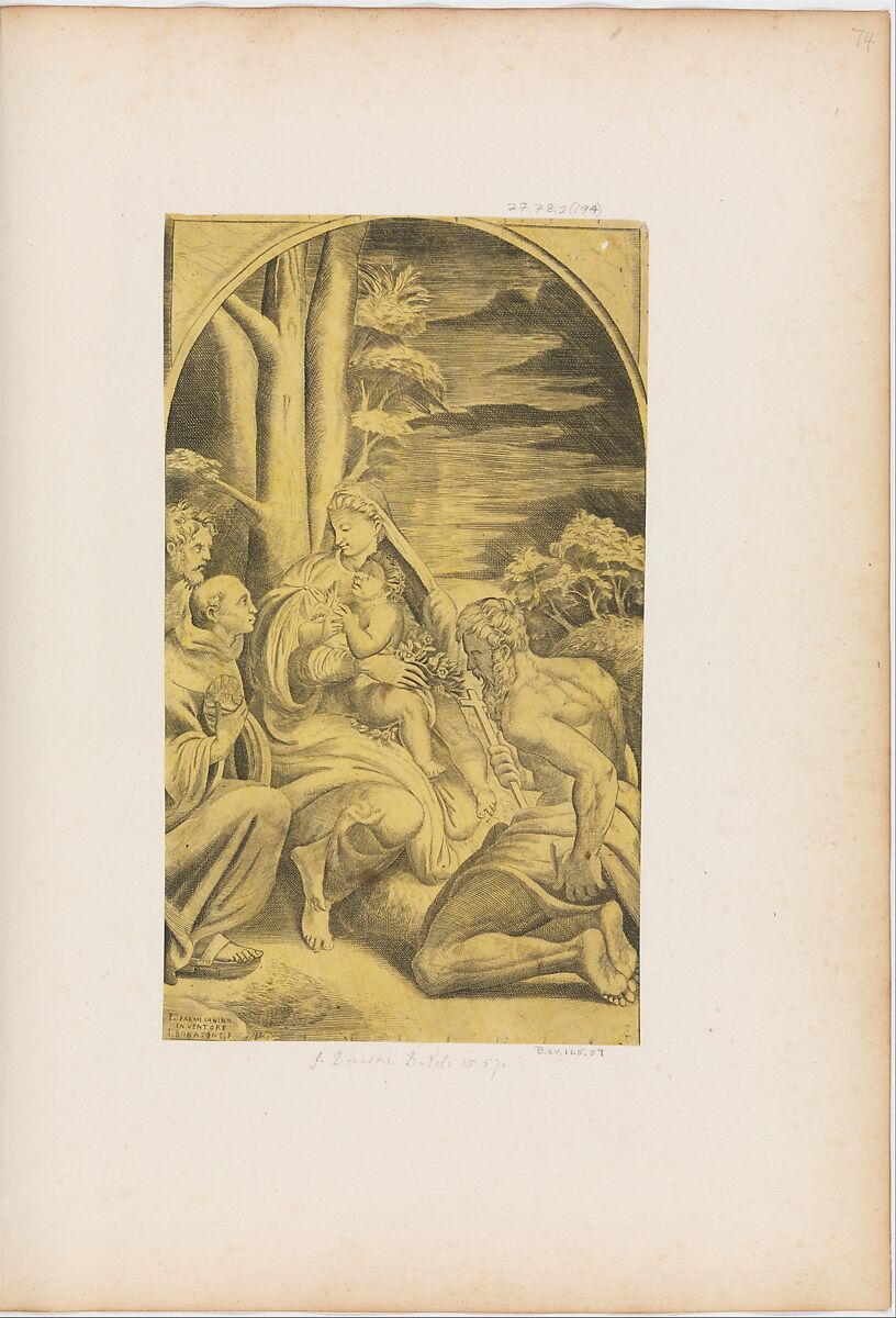 The Madonna and Child with St. Bernardino of Sienna and St. Jerome, Giulio Bonasone (Italian, active Rome and Bologna, 1531–after 1576), Engraving 
