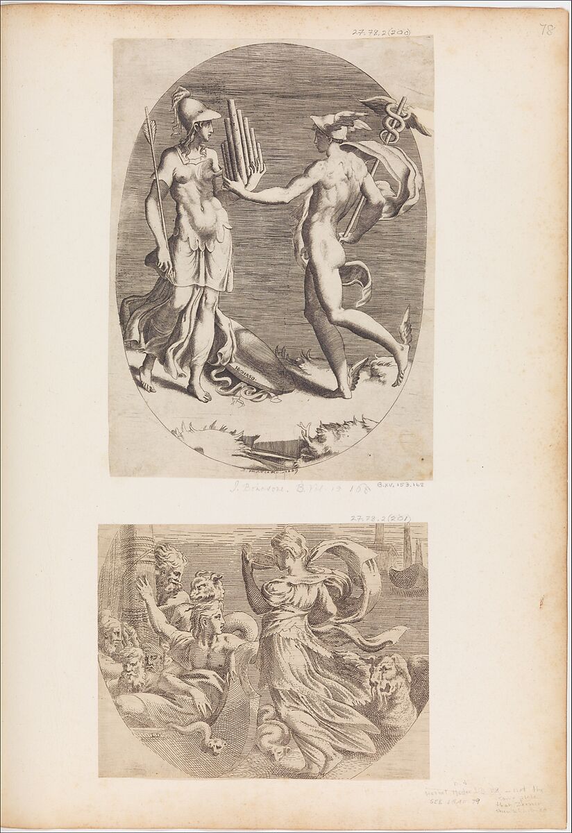 Mercury Presenting a Panpipe to Minerva, Giulio Bonasone (Italian, active Rome and Bologna, 1531–after 1576), Engraving 