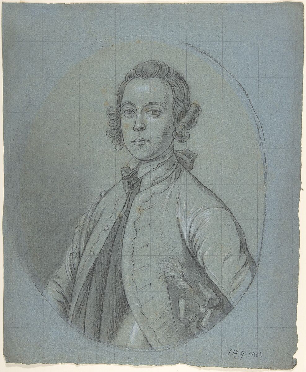 Oval, bust-length portrait study of a young man, Circle of Joseph van Aken (Flemish, Antwerp (?) ca. 1699–1749 London (active Britain)), Black and white chalk and graphite on blue laid paper, squared in graphite 