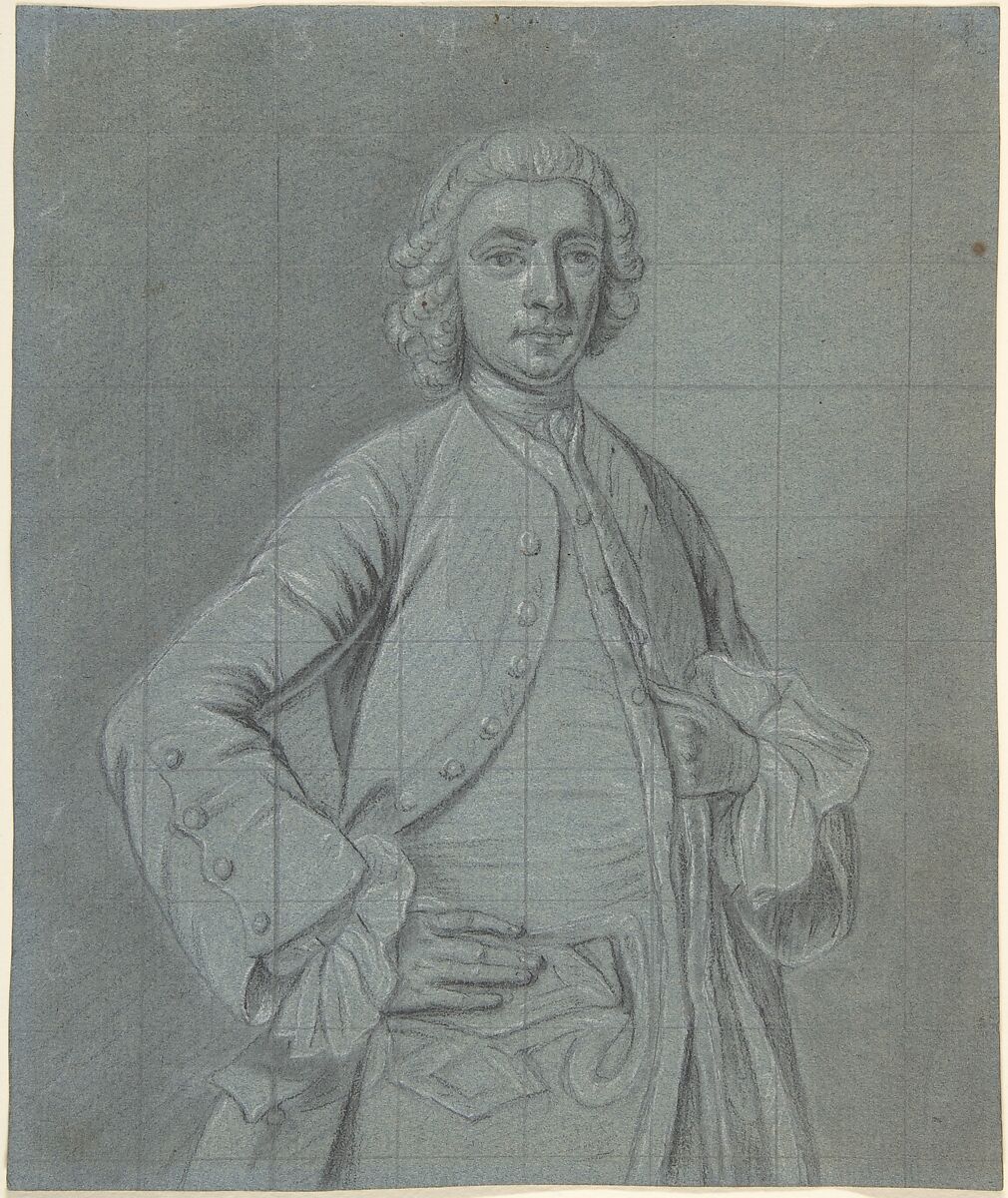 Half-length portrait study of a wigged man, Circle of Joseph van Aken (Flemish, Antwerp (?) ca. 1699–1749 London (active Britain)), Black and white chalk and graphite on blue laid paper, squared in graphite 