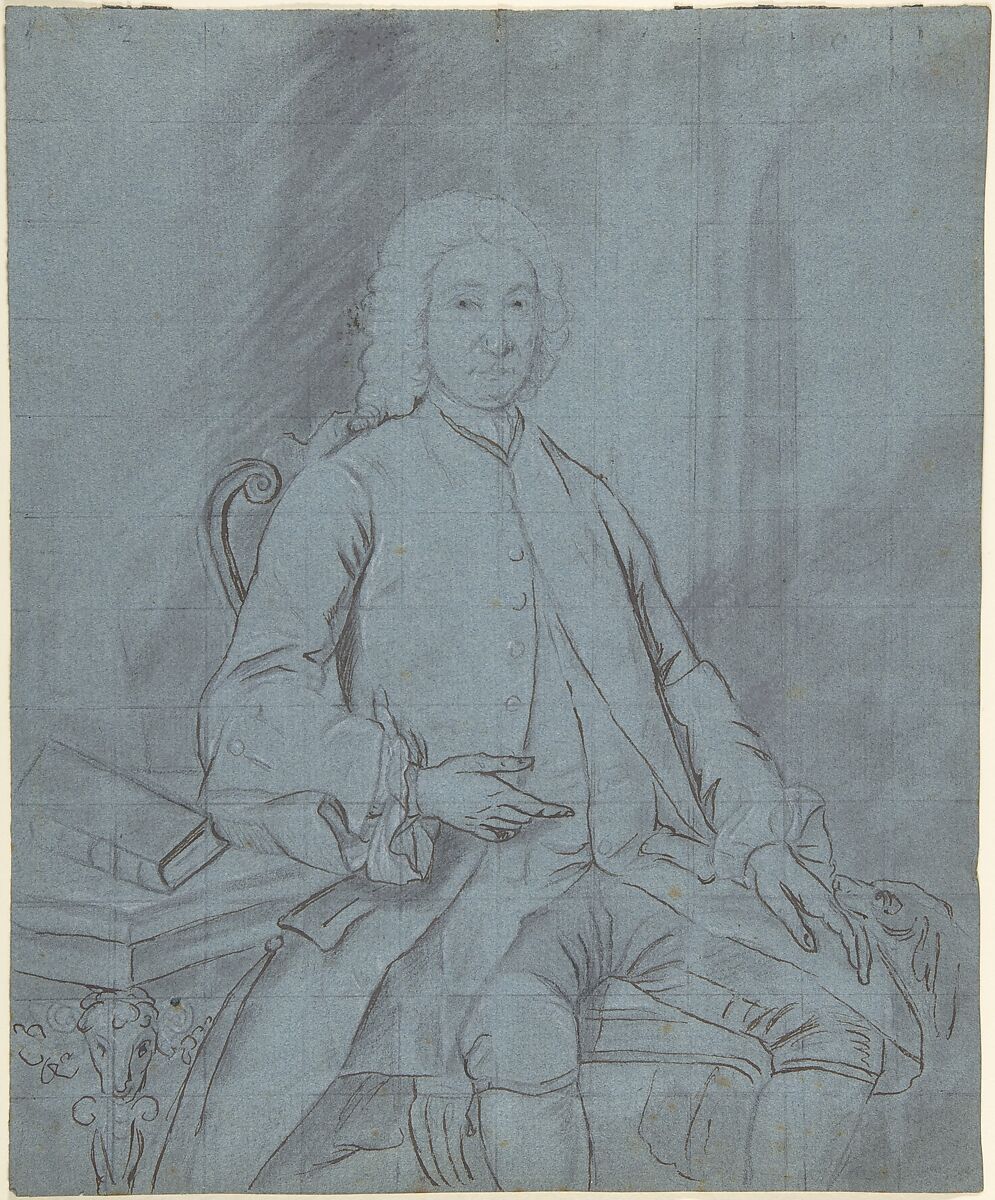 Three-quarter length portrait study of a man seated at a desk with a dog, Circle of Joseph van Aken (Flemish, Antwerp (?) ca. 1699–1749 London (active Britain)), Black and white chalk, stumping, brown ink and graphite on blue laid paper, squared in graphite 