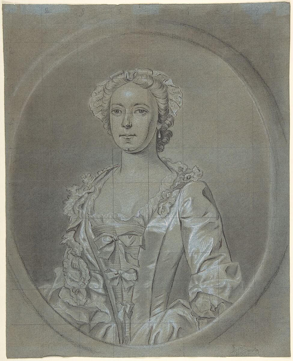 Half-length portrait study of a woman wearing a cap and pearl earrings, Circle of Joseph van Aken (Flemish, Antwerp (?) ca. 1699–1749 London (active Britain)), Black and white chalk, brown ink and graphite on blue laid paper, squared in graphite 