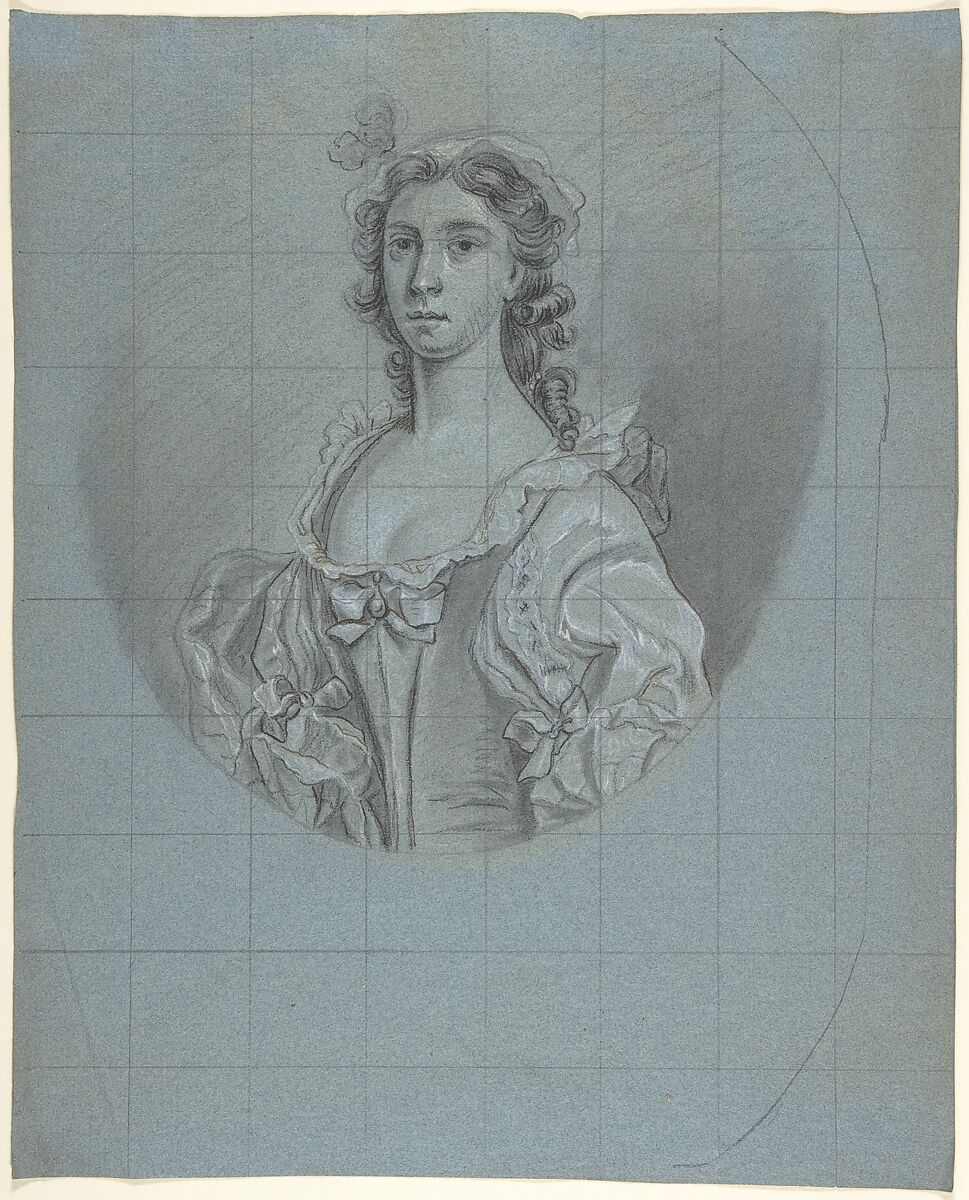 Half-length portrait study of a young woman with long hair, Circle of Joseph van Aken (Flemish, Antwerp (?) ca. 1699–1749 London (active Britain)), Black and white chalk, brown ink and graphite on blue laid paper, squared in graphite 