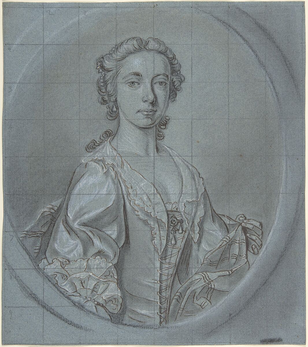 Bust-length portrait study of a young woman with a striped shawl, Circle of Joseph van Aken (Flemish, Antwerp (?) ca. 1699–1749 London (active Britain)), Black and white chalk, brown ink and graphite on blue laid paper, squared in graphite 