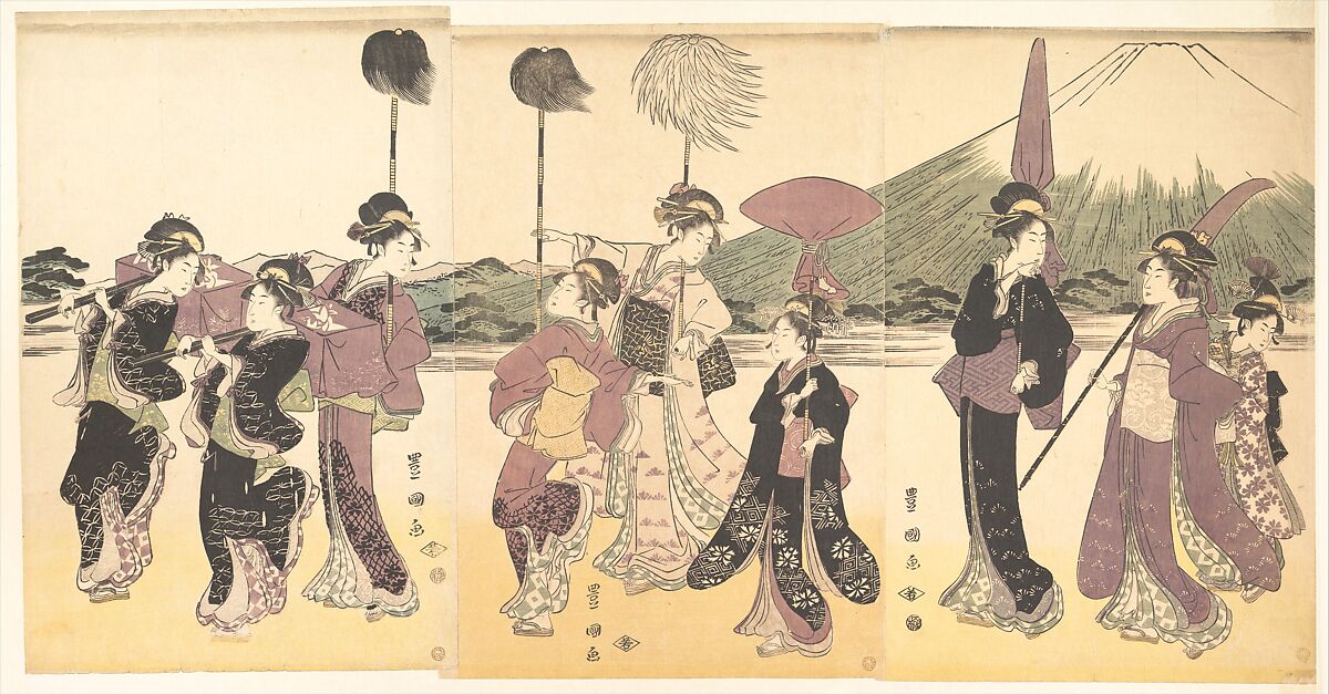 Women Parading in an Imitation of the Cortege of a Daimyo, Utagawa Toyokuni I (Japanese, 1769–1825), Pentaptych of woodblock prints; ink and color on paper, Japan 