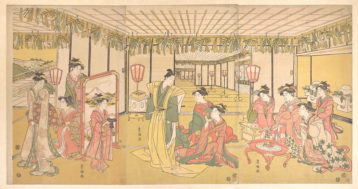 New Year's Celebration in a Large Mansion, Utagawa Toyokuni I (Japanese, 1769–1825), Triptych of woodblock prints; ink and color on paper, Japan 