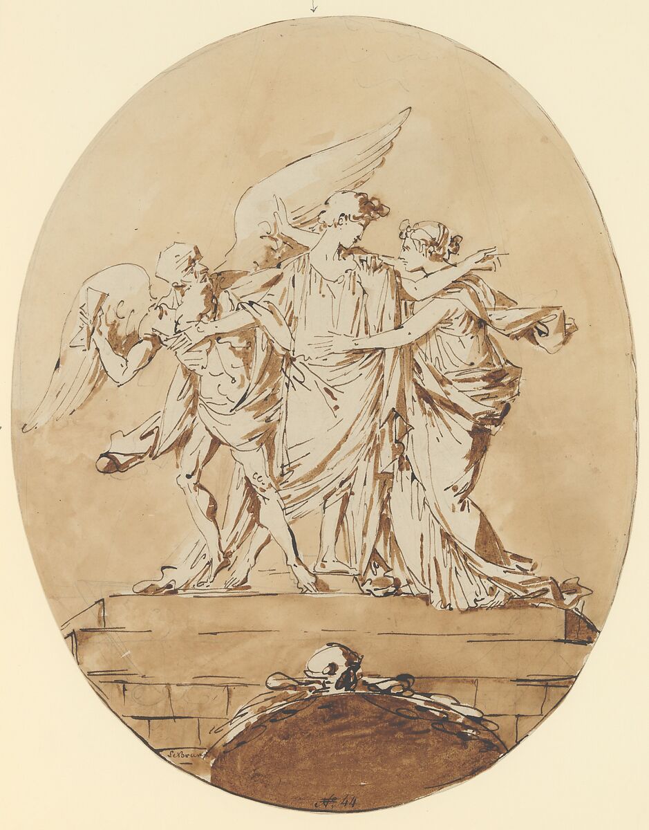 Allegorical Design for a Tomb, André Lebrun (French, Paris 1737–1811 Wilna), Pen and brown ink, brown wash over graphite 