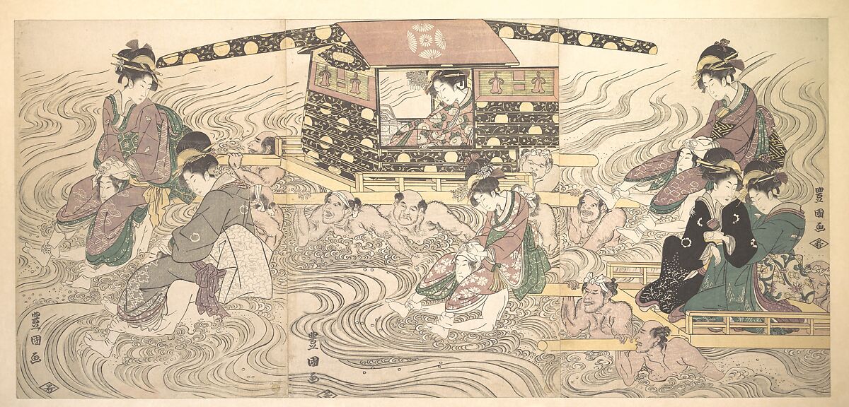 Fair Travellers Fording the River Oi, Utagawa Toyokuni I (Japanese, 1769–1825), Triptych of woodblock prints; ink and color on paper, Japan 