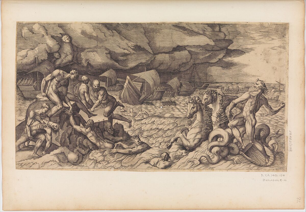 Neptune Calming the Tempest Raised Against the Fleet of Aeneas, Attributed to Giulio Bonasone (Italian, active Rome and Bologna, 1531–after 1576) (in Bartsch, but questioned), Engraving 