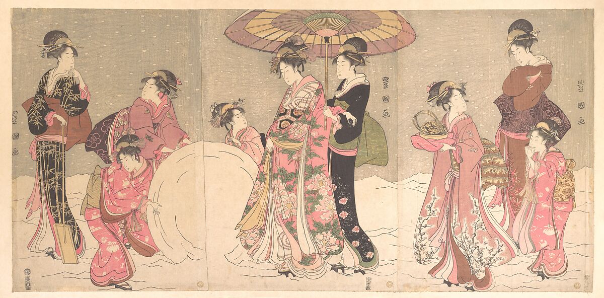 Courtesans and Attendants Making a Giant Snowball, Utagawa Toyokuni I (Japanese, 1769–1825), Triptych of woodblock prints; ink and color on paper, Japan 