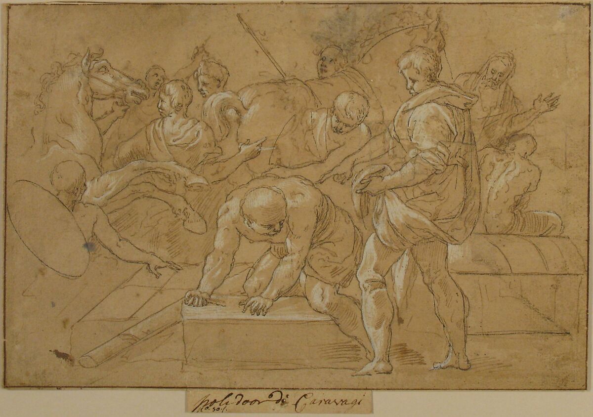 Historical Scene (Composition Study for Chapelle de Guise), Niccolò dell' Abate (Italian, Modena 1509–1571 Fontainebleau (?)), Pen and brown ink, highlighted with white gouache over traces of black chalk; framing outlines with pen and brown ink