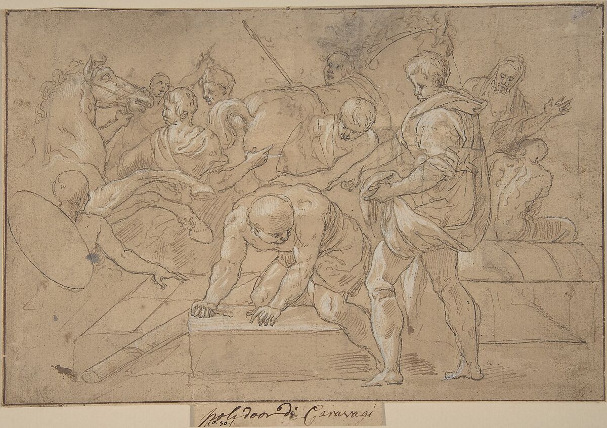 Historical Scene (Composition Study for Chapelle de Guise), Niccolò dell&#39; Abate (Italian, Modena 1509–1571 Fontainebleau (?)), Pen and brown ink, highlighted with white gouache over traces of black chalk; framing outlines with pen and brown ink 