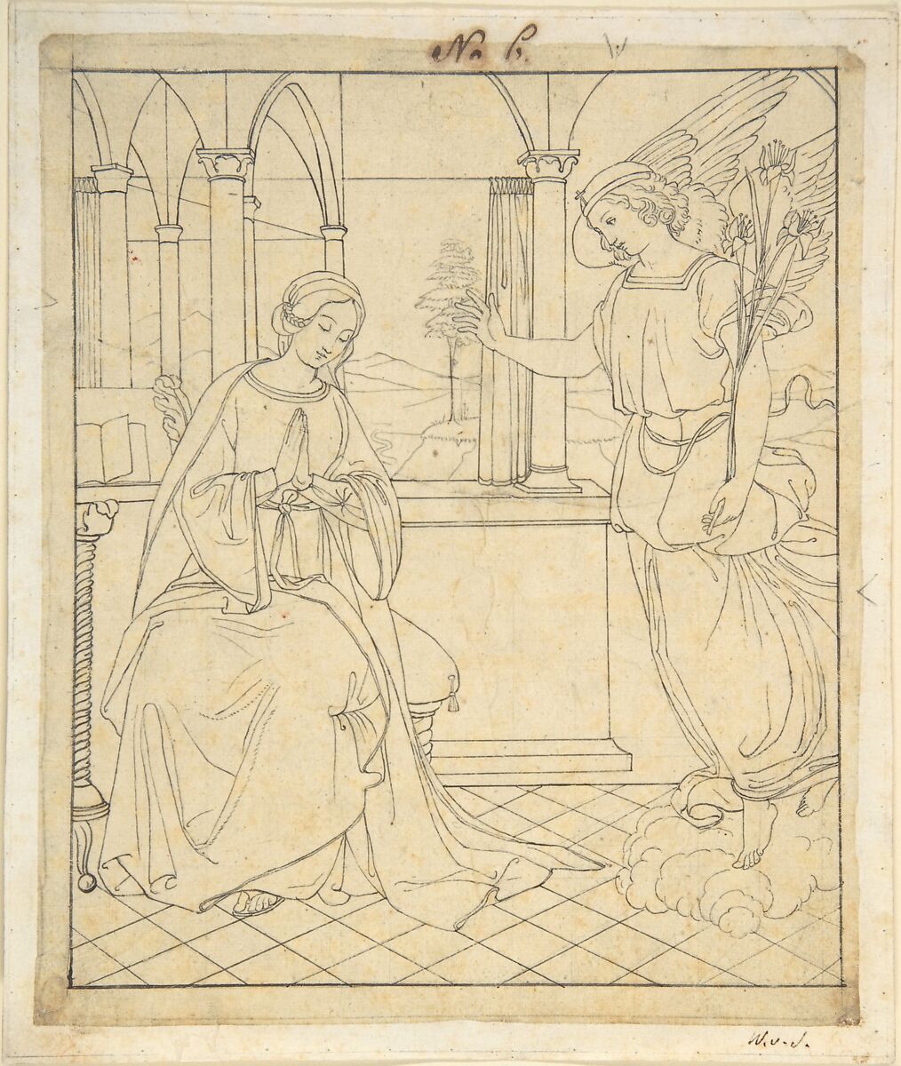 The Annunciation, Wilhelm Schadow (German, Berlin 1788–1862 Düsseldorf), Pen and black ink on tracing paper, laid down on vellum 