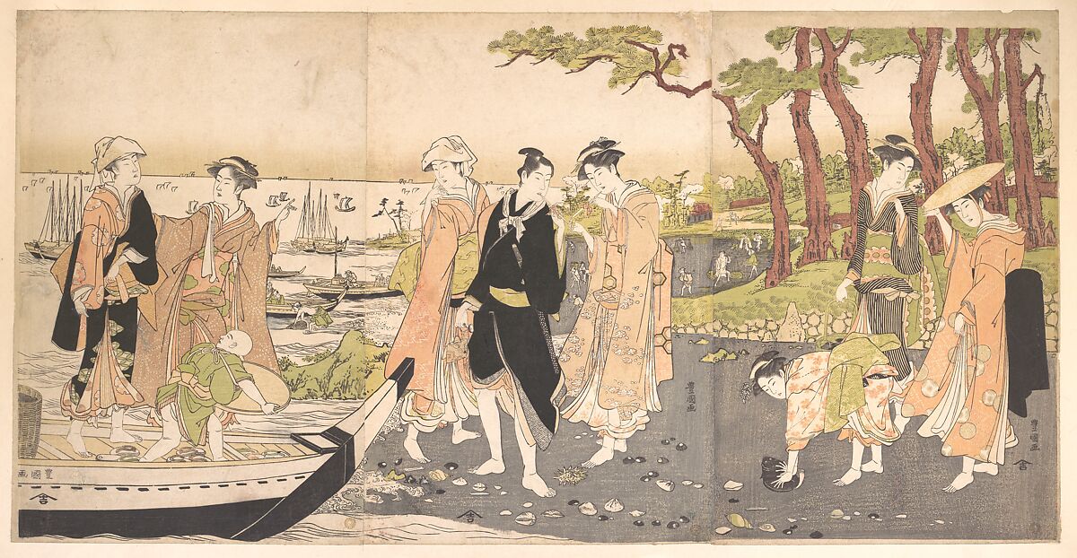 Picking Clams, Utagawa Toyokuni I  Japanese, Triptych of woodblock prints; ink and color on paper, Japan