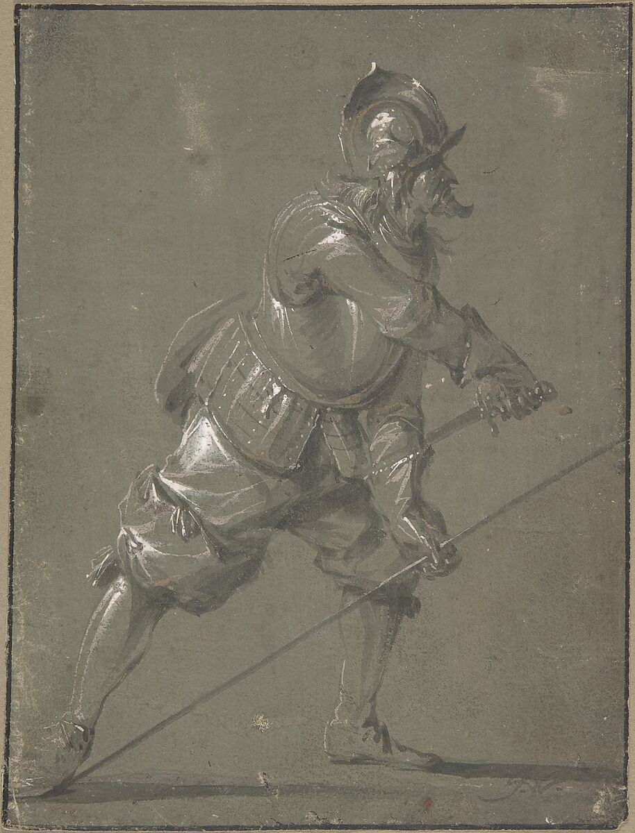 An Infantryman Drawing his Sword, Jacob Matthias Weyer (German, Hamburg 1620–1691 Hamburg), Brush and gray and light brown wash, heightened with white, on gray-green prepared paper 