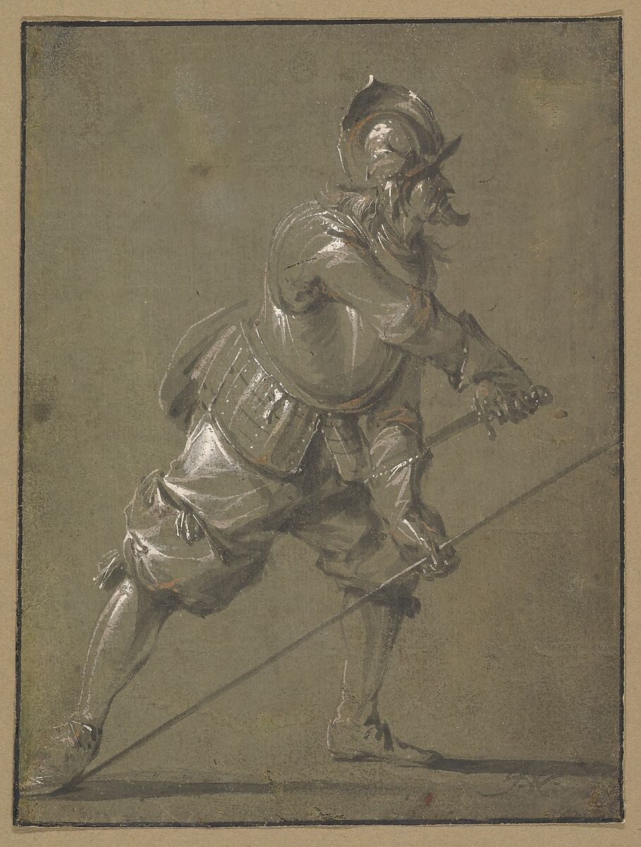 An Infantryman Drawing his Sword, Jacob Matthias Weyer (German, Hamburg 1620–1691 Hamburg), Brush and gray and light brown wash, heightened with white, on gray-green prepared paper