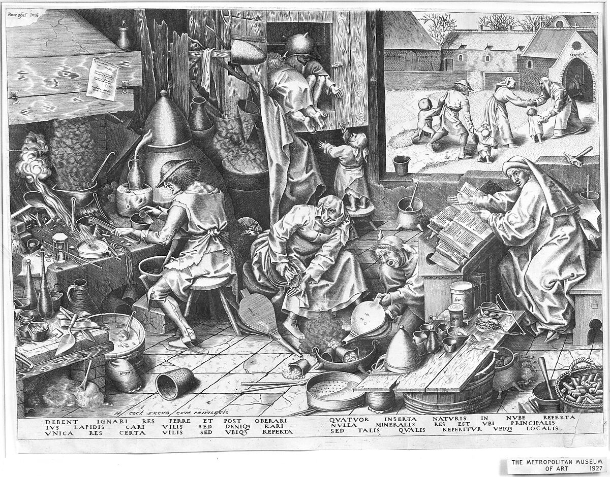 The Alchemist, Pieter Bruegel the Elder (Netherlandish, Breda (?) ca. 1525–1569 Brussels), Engraving; first state of three