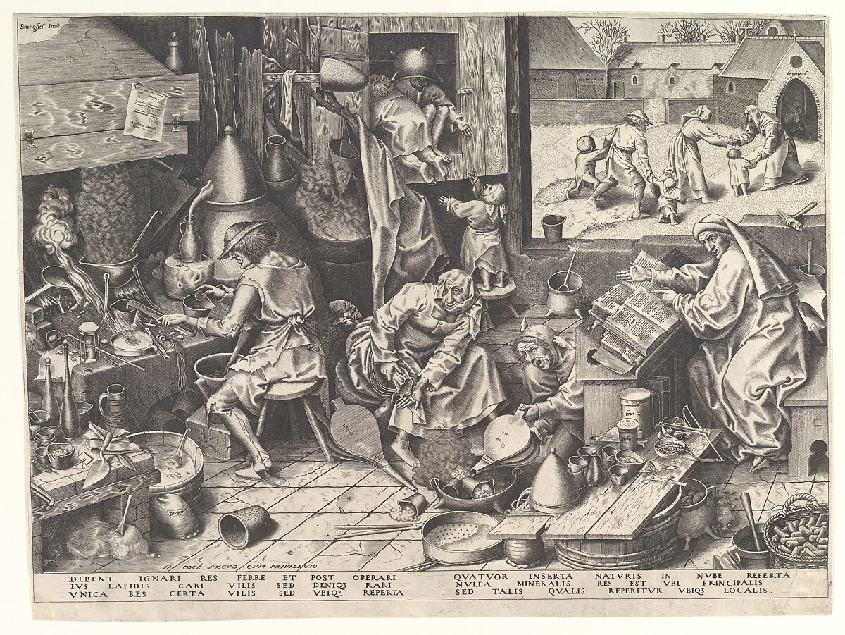 The Alchemist, Pieter Bruegel the Elder (Netherlandish, Breda (?) ca. 1525–1569 Brussels), Engraving; first state of three 
