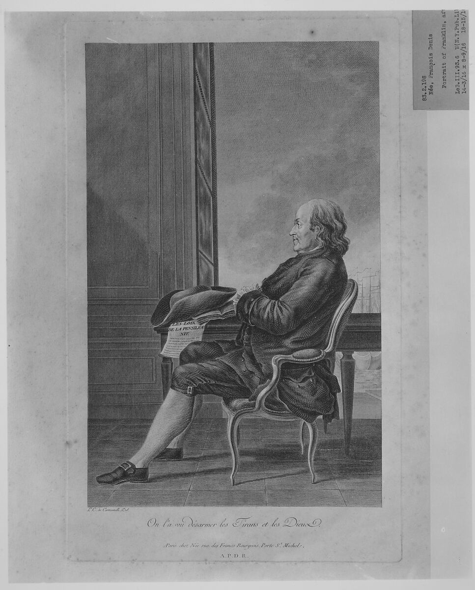 Portrait of Benjamin Franklin, After Louis de Carmontelle (French, Paris 1717–1806 Paris), Engraving 