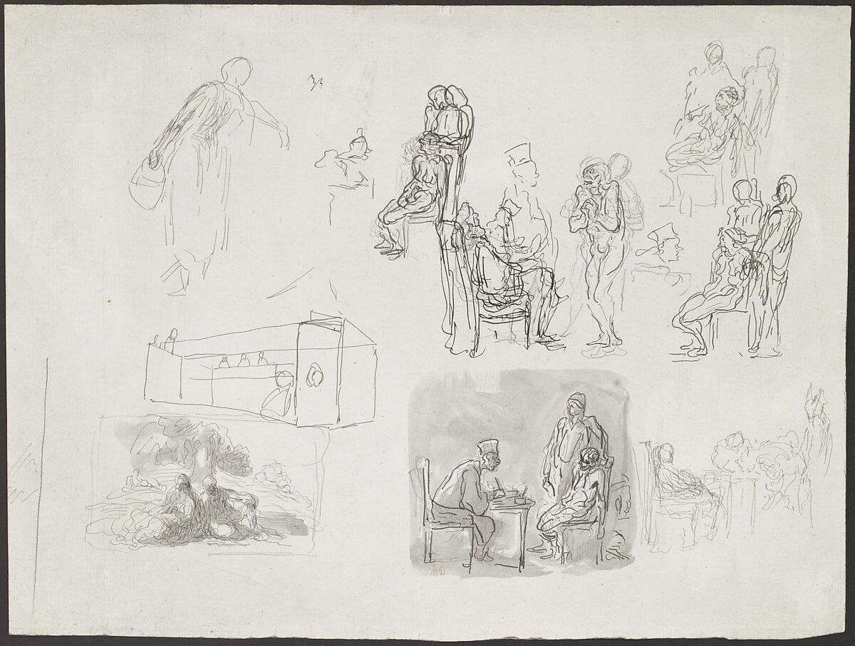 Figure Studies, Including Scenes of Interrogation, Honoré Daumier (French, Marseilles 1808–1879 Valmondois), Pen and ink, brush and wash over touches of black chalk on pale blue-gray laid paper 