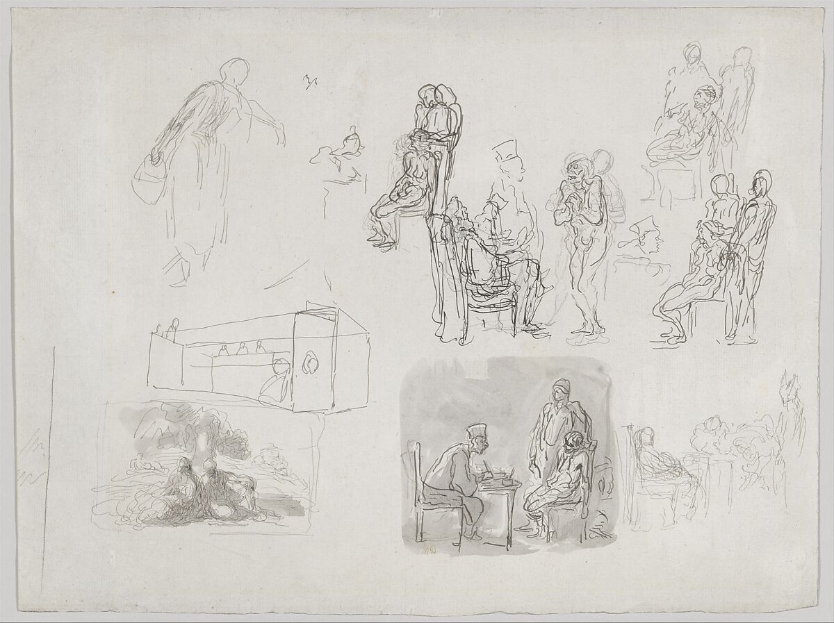 Figure Studies, Including Scenes of Interrogation, Honoré Daumier (French, Marseilles 1808–1879 Valmondois), Pen and ink, brush and wash over touches of black chalk on pale blue-gray laid paper