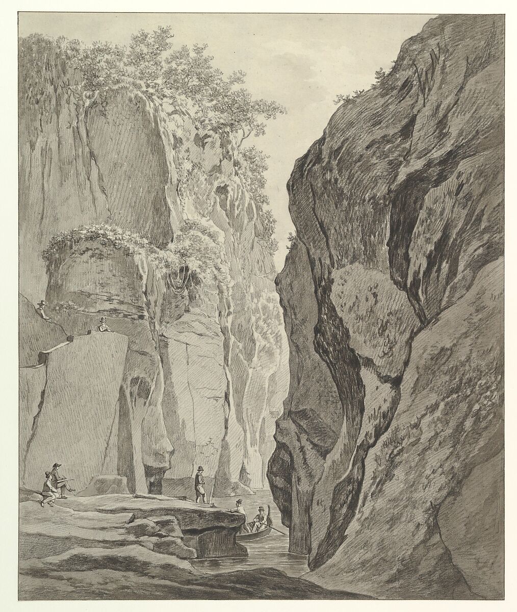 Figures Boating in a Gorge near Sorrento, Daniël Dupré (Dutch, Amsterdam 1751–1817 Amsterdam), Pen and gray ink and wash over black chalk within black ink framing lines 