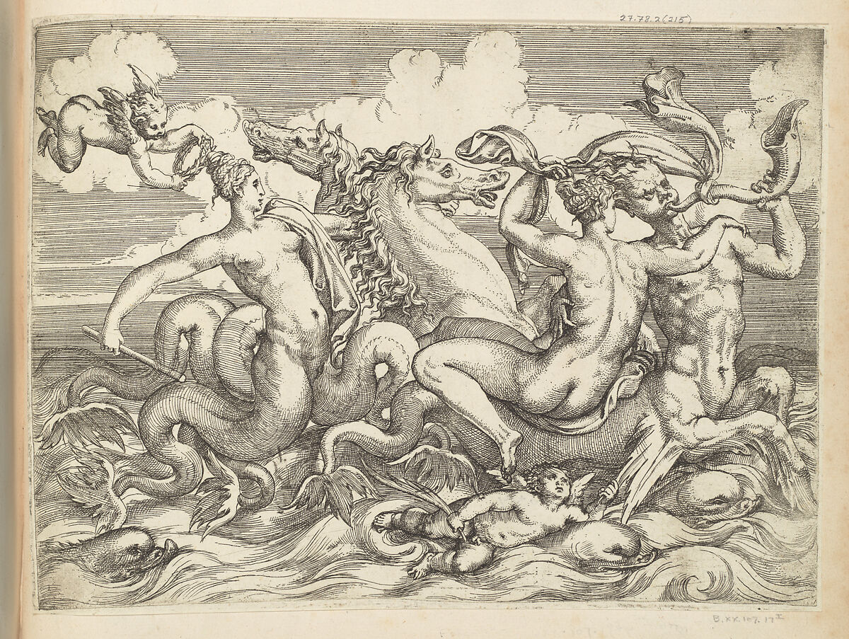 A Nereid Riding a Sea Centaur Accompanied by Other Sea Creatures, Angiolo Falconetto (Italian, active ca. 1555–67), Etching with drypoint; first state of two 